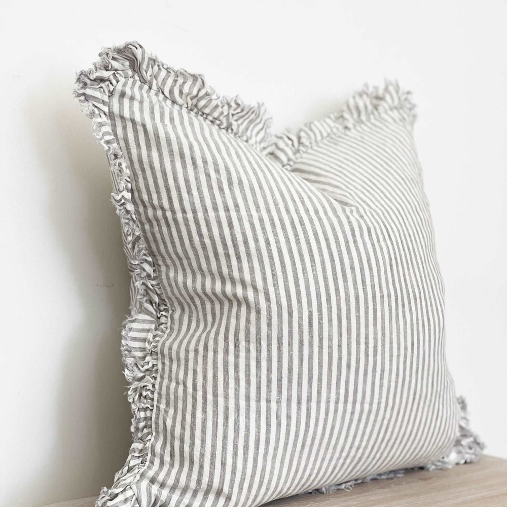 Ottilie Ruffled Edge Linen Grey Stripe 45×45cm