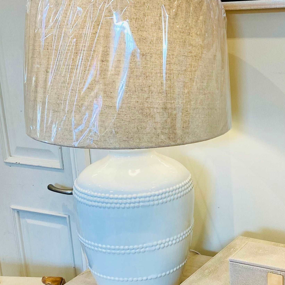 The Alcester White Beaded Lamp with Linen Shade