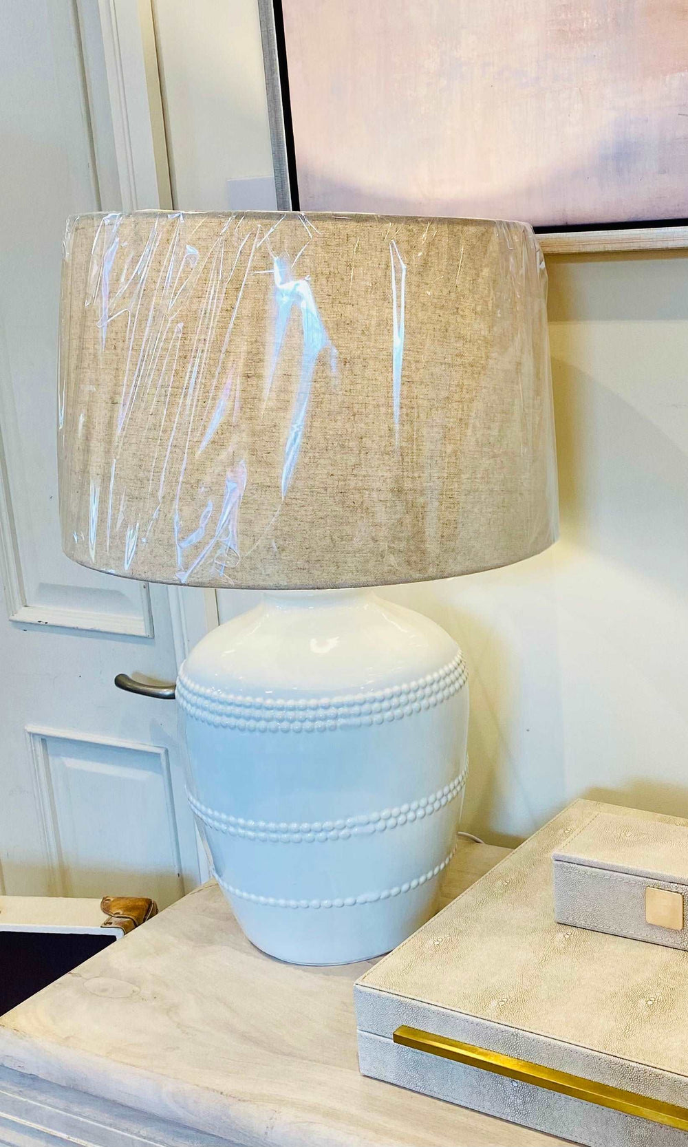 The Alcester White Beaded Lamp with Linen Shade