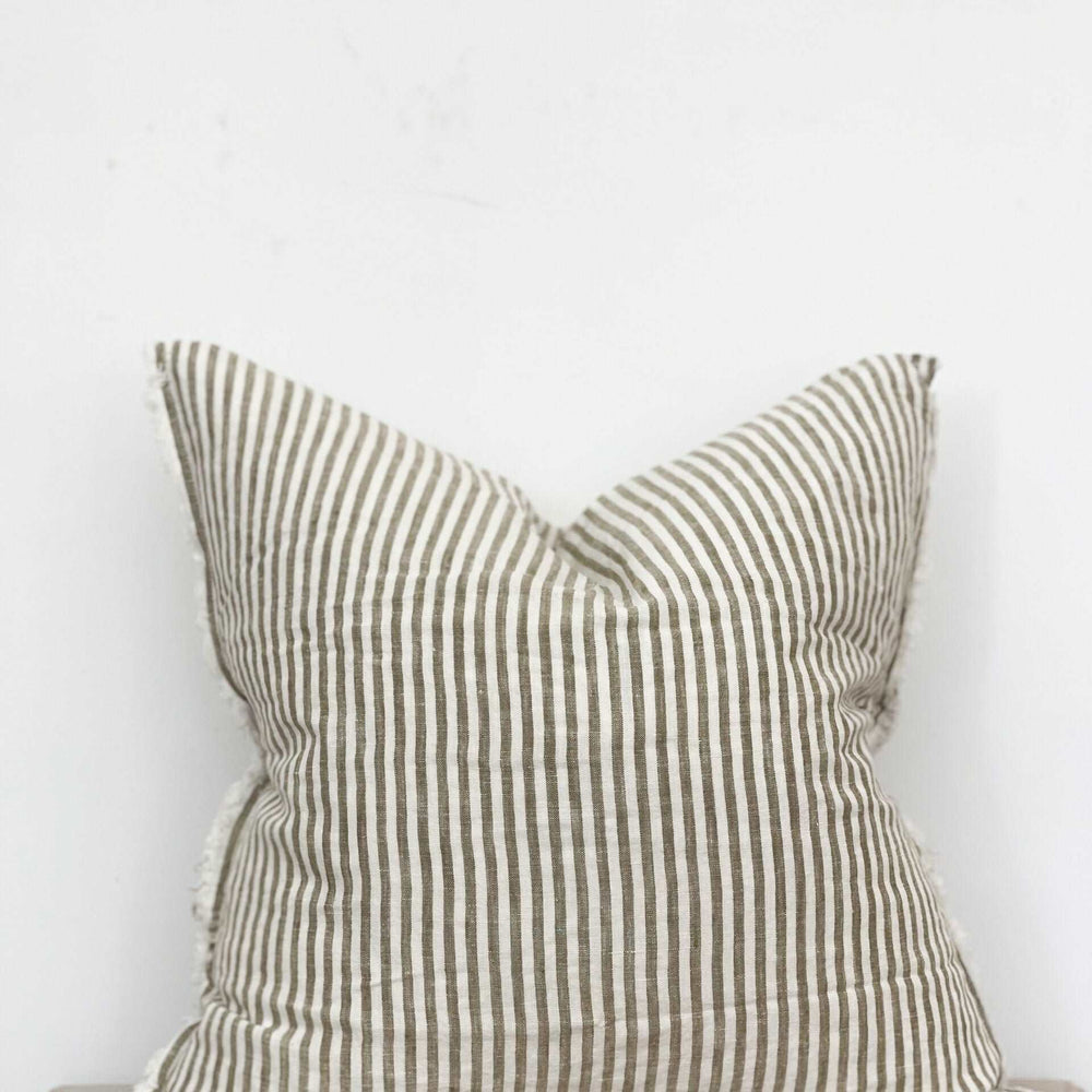 Camille Frayed Edge Olive Stripe Cushion 53x53cm