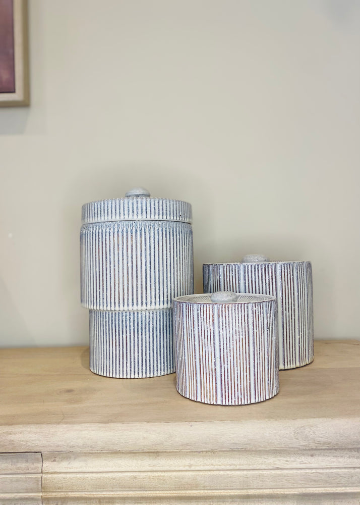 Large 'Padstow' Striped Lidded Ceramic Jar