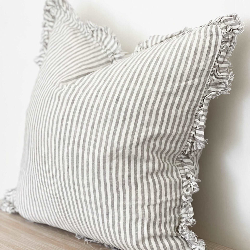 Ottilie Ruffled Edge Linen Grey Stripe 55×55cm