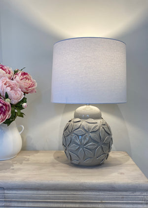 The Fleur Ceramic Grey Lamp & White Linen Shade