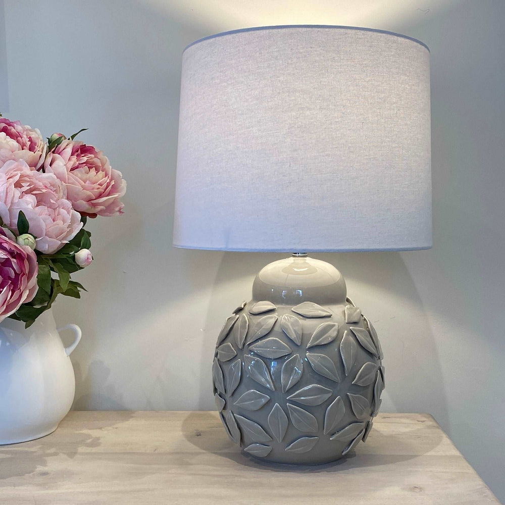 The Fleur Ceramic Grey Lamp & White Linen Shade