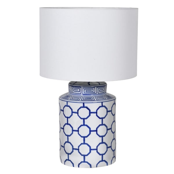 Blue Geometric Tile Table Lamp with Linen Shade