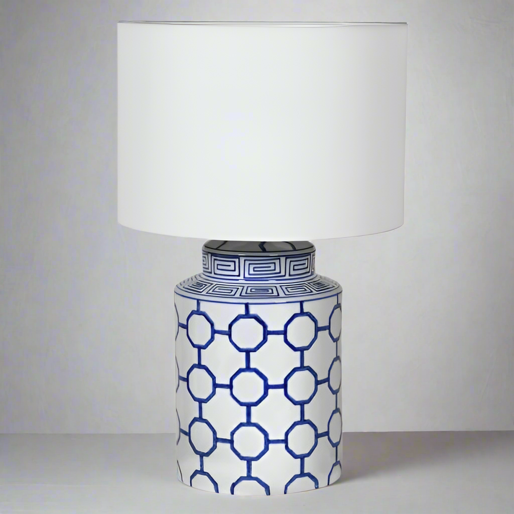 Blue Geometric Tile Table Lamp with Linen Shade