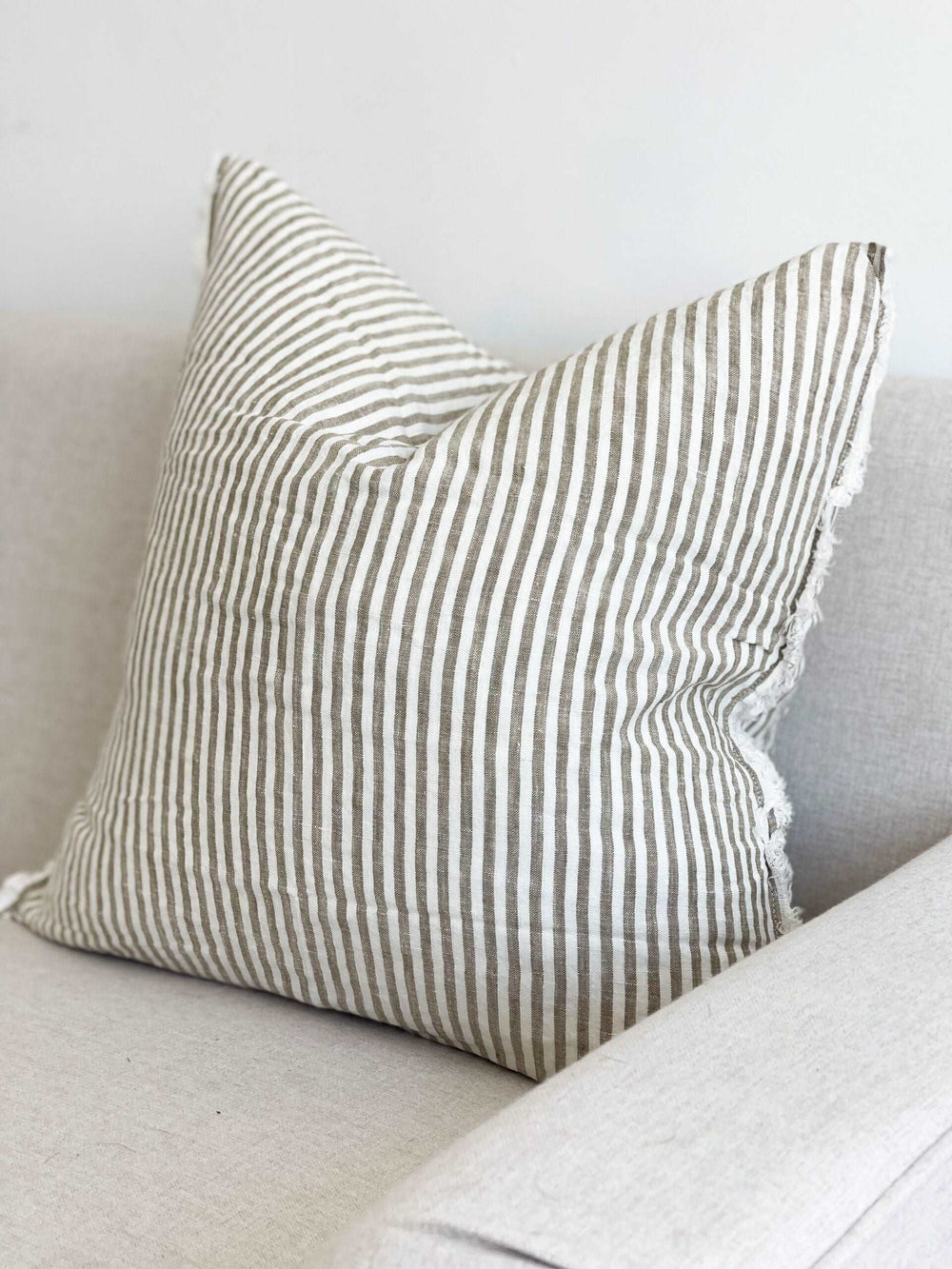 Camille Frayed Edge Olive Stripe Cushion 53x53cm