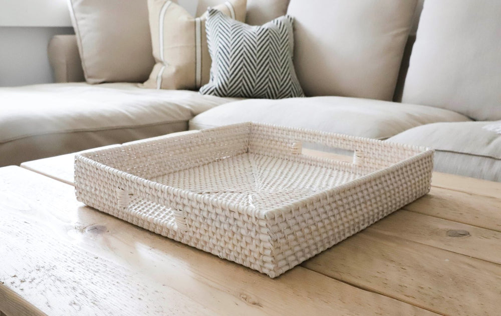 Square Whitewash Rattan Tray With Handles